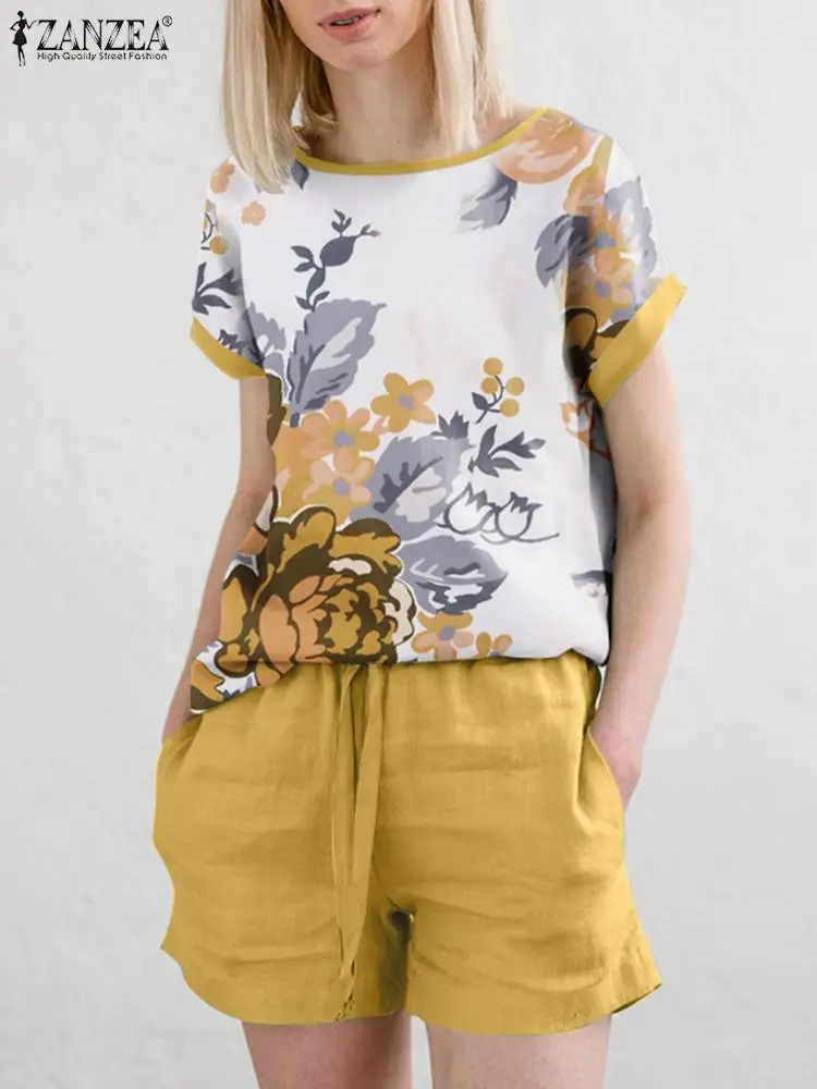 Лето 2024 костюм ZANZEA из двух предметов Женская богемная блузка с коротким рукавом и
