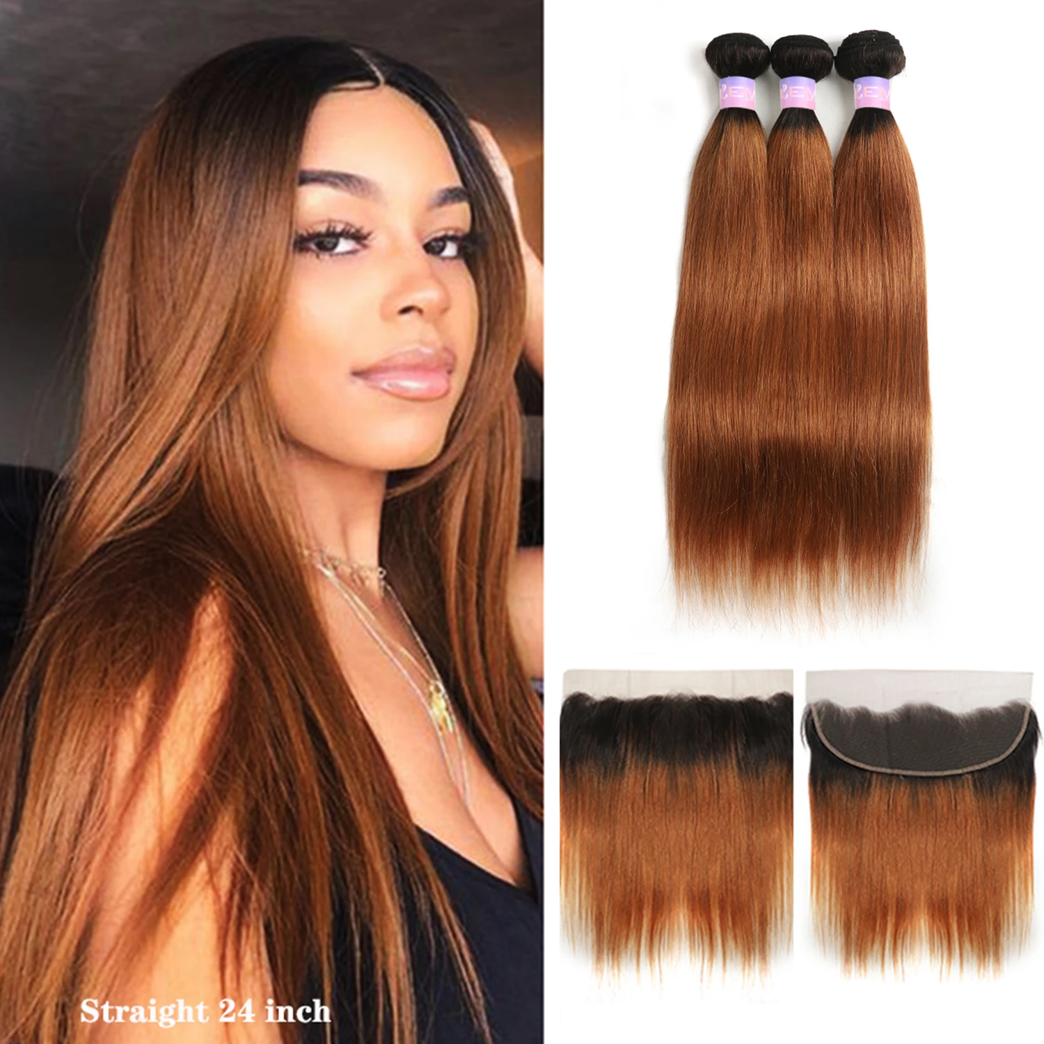 Ombre Brown 3 Bundles With13x4 Frontal Brazilian Non-Remy Colored Straight Human Hair Weave Bundles With Lace Closure Kemy Hair