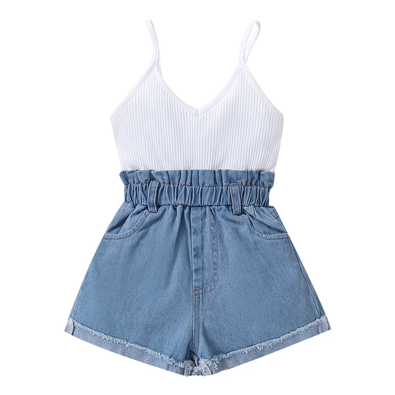 

Baby Girl Romper Summer Sleeveless Ribbed V-neck Stitching Denim Sling Jumpsuit Playsuits Casual Fashion Clothing Kids 1-6 Years