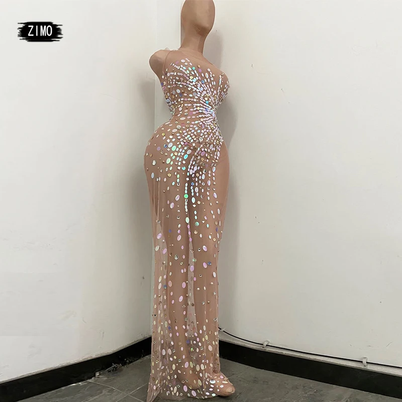 

Full Diamond Lens Perspective Long Dress Host Show Party Banquet Nightclub Bar Singer Performance Costume Stage