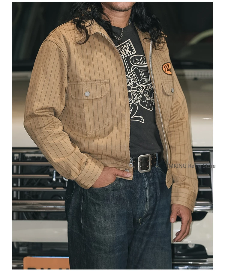 Фото Прочная куртка-механик Bronson HBT в полоску, винтажная рабочая одежда, куртка-дальнобойщик на молнии для кафе Racer №2