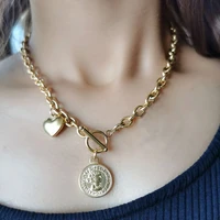 stainless steel heart coin toggle necklace for women men goldsilver color metal heart coin medallion choker jewelry collier