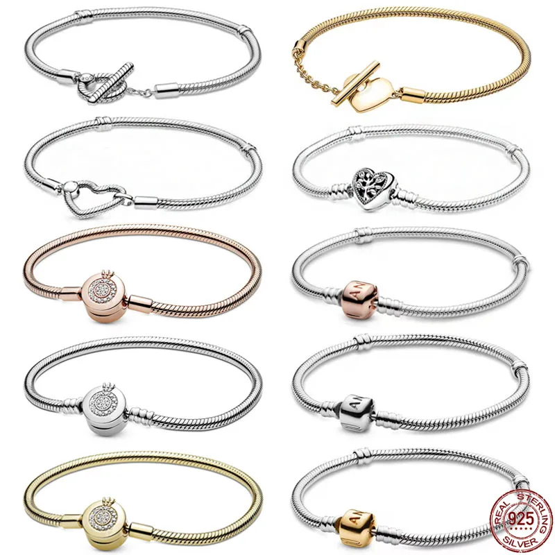 

Original 925Sterling Silver Bracelet Snake Chain Rose Gold Crown Heart Buckle Bracelet fit Charm Beads DIY Fashion Jewelry Gifts