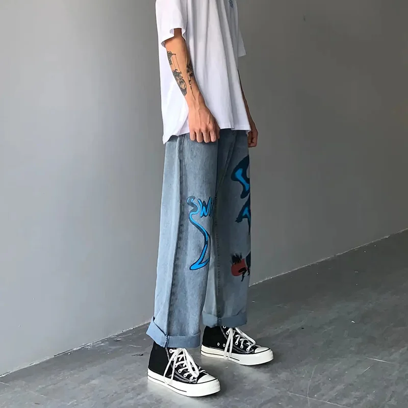 Graffiti Printed Jeans Men Harajuku Wide Leg Trousers New Fashion High Street Hip Hop Style High Waist Loose Casual Couple Jeans