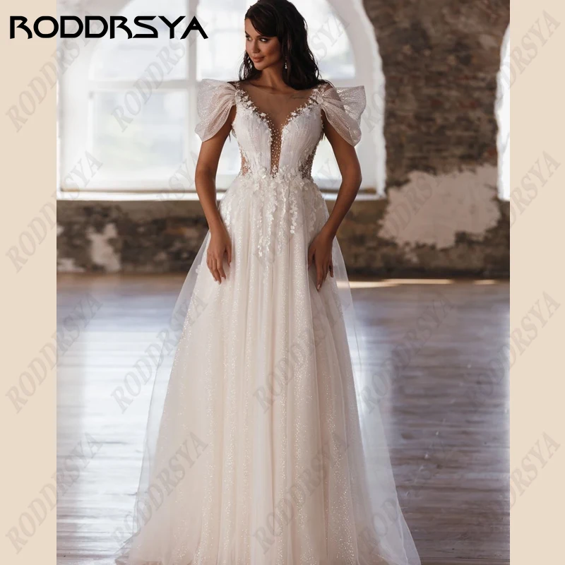 

RODDRSYA Princess A-line Wedding Dresses For Women Applique Tulle Scoop-Neck Bride Gowns Illusion Button Back Robe De Mariée