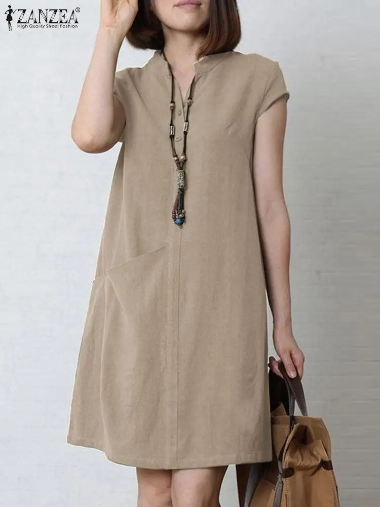 

Summer Sundress 2022 ZANZEA Women Elegant V Neck Short Sleeve Casual OL Work Knee-length Vestidos Robe Femme Solid Cotton Dress