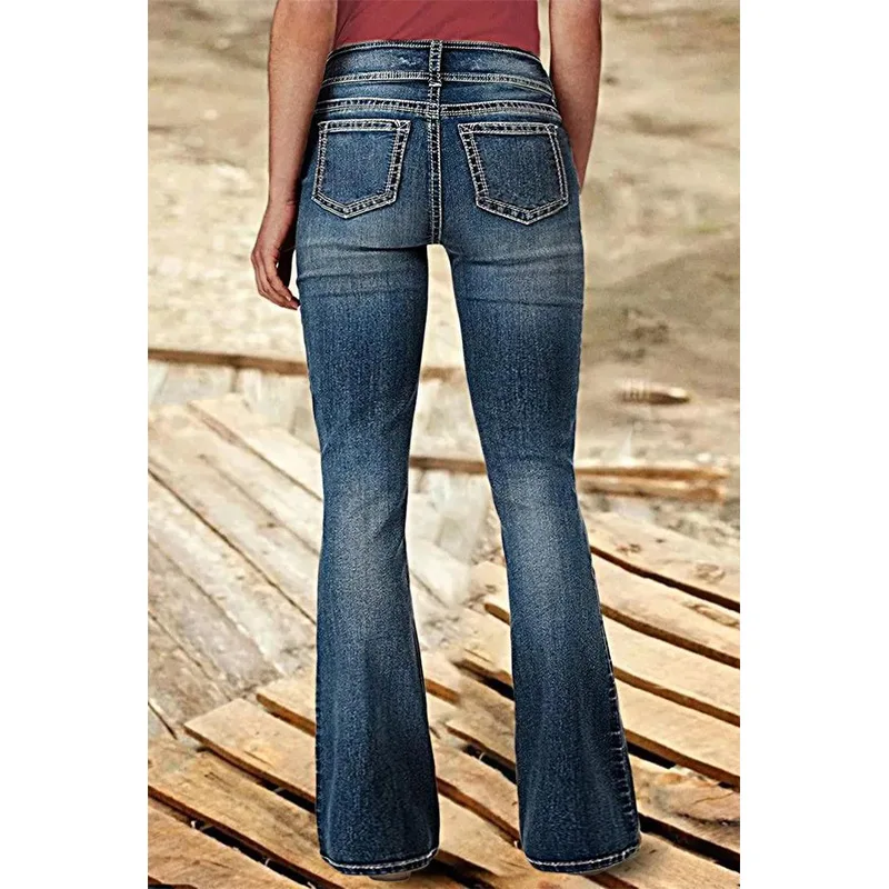 Mid Waist Flared Jeans Women Button Casual Straight Leg Pants New 2023 Summer Pocket Hole Female Loose Office Lady Slim Pants