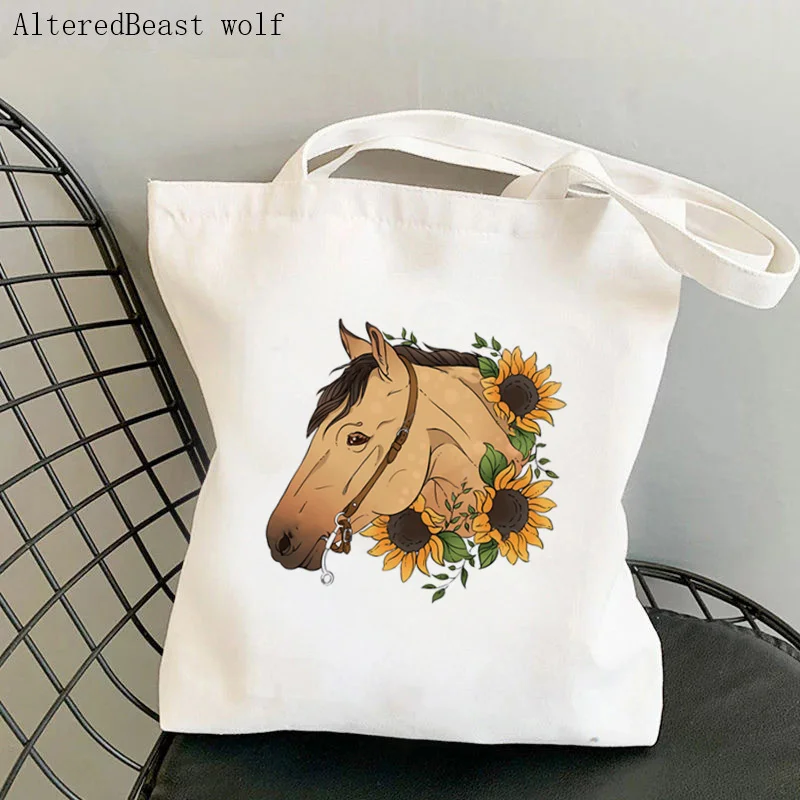 

Women Shopper bag Sunflower Horse Printed Kawaii Bag Harajuku Shopping Canvas Shopper Bag girl handbag Tote Shoulder Lady Bag