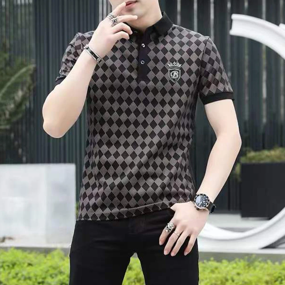 

Short-sleeved Polo Shirt Men's Fashion Plaid Printing Trendy Brand Embroidery Casual Half-sleeved Top Handsome Slim Fit T-shirt