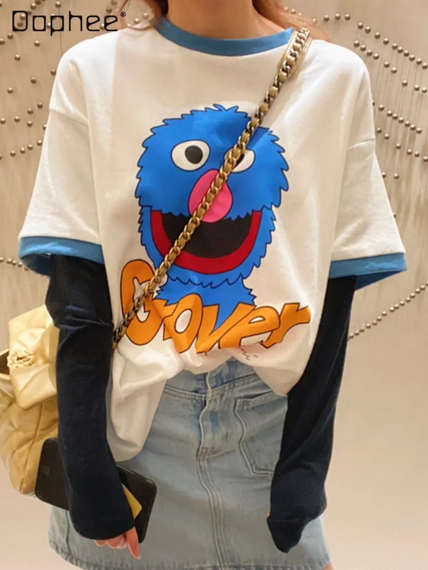 

Новинка весна-лето 2023, Модная белая футболка с длинным рукавом и имитацией мультяшного персонажа из двух частей, Женский студенческий пуловер с круглым вырезом