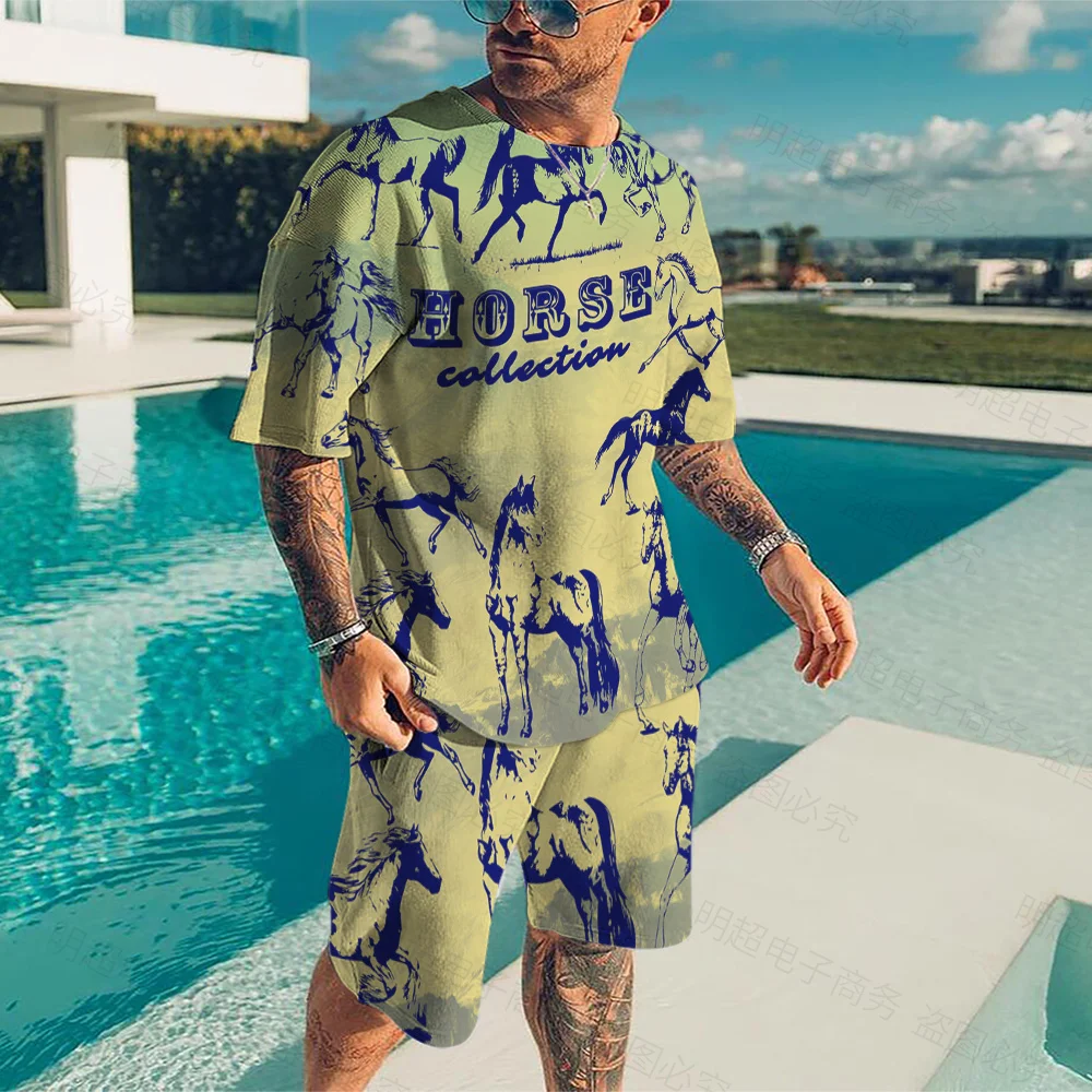 Summer New Fashion Horse Pentium 3D Printing Men's Two-piece Horse Print Letter Short Sleeve T-Shirt + Shorts Sportswear