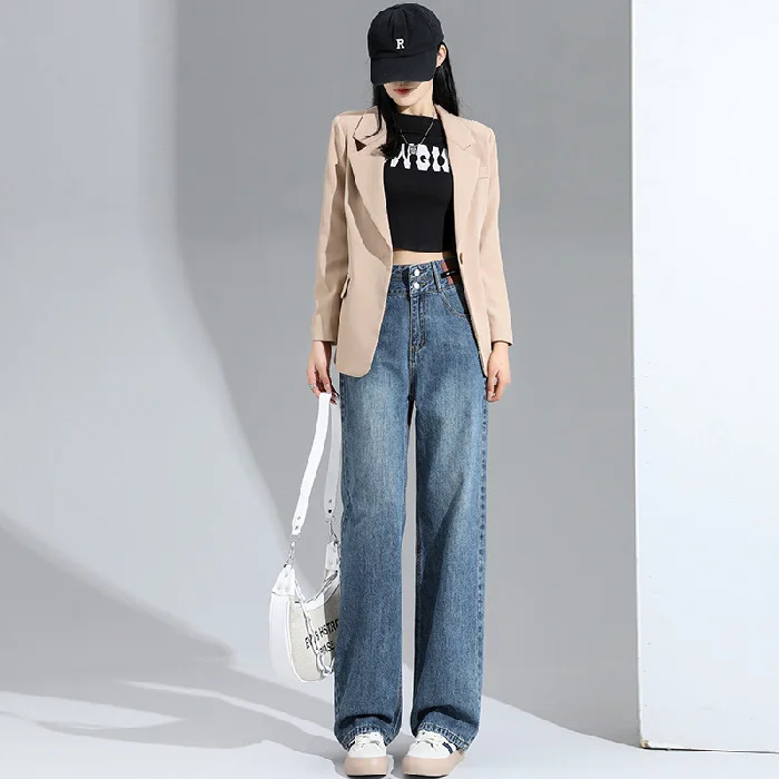 New High Waist Women's Jeans Straight Casual Pants Korean Famale Y2K Fashion Baggy Denim Loose Wide Leg Trousers Streetwear