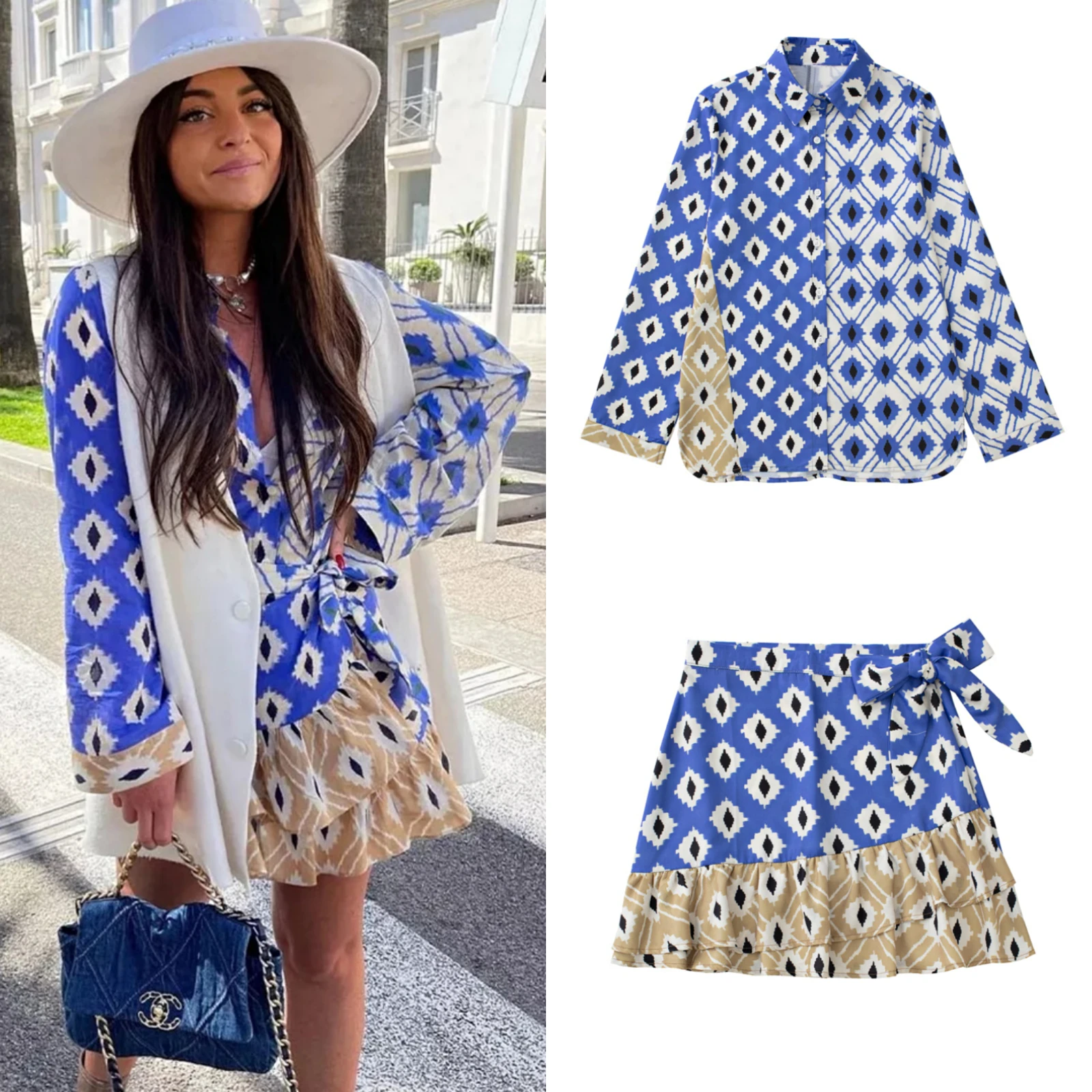 

Women 2022 Spring New Fashion Blue Plaid Blouses Women Vintage Patchwork Cardigan Women Y2k T Shirt Luxury Brand Designer