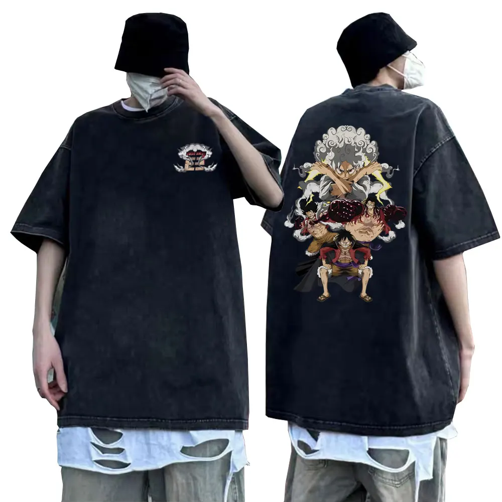 

Washed Vintage Anime Monkey Gear 5 Luffy Graphics Tshirt Men Women Manga T-shirts Short Sleeve Summer Male Casual Oversized Tees