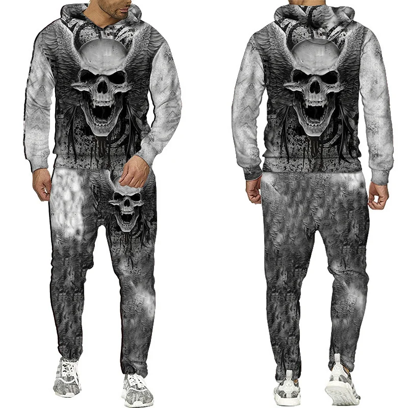 Костюм спортивный мужской с 3D-принтом черепа модная толстовка капюшоном и штаны