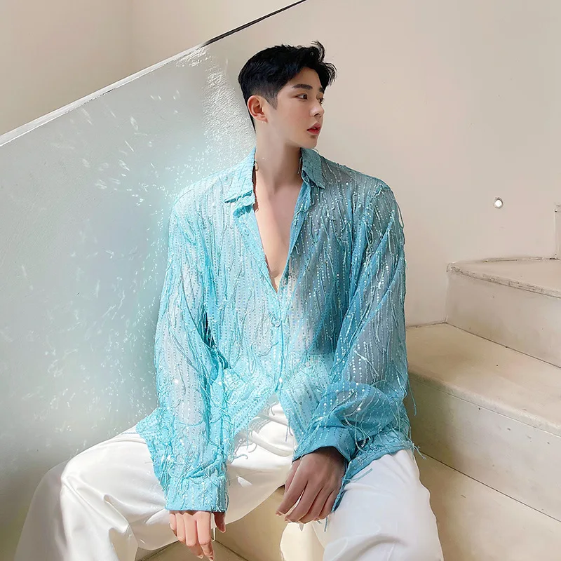 

2022 Spring New Product Irregular Sequin Tassel Shirt Niche Streetwear Fashion Long Sleeve Shirts Men's Tops