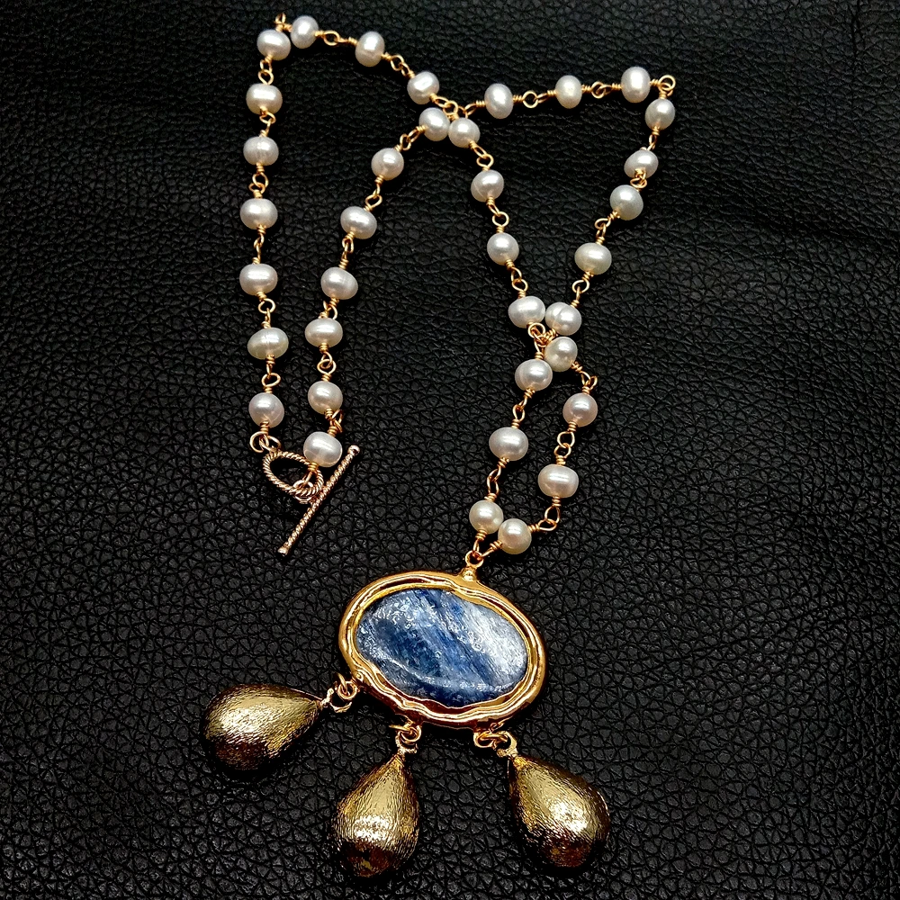

Freshwater White Pearl Rosary Chain Necklace Blue kyanite Pendant 18"