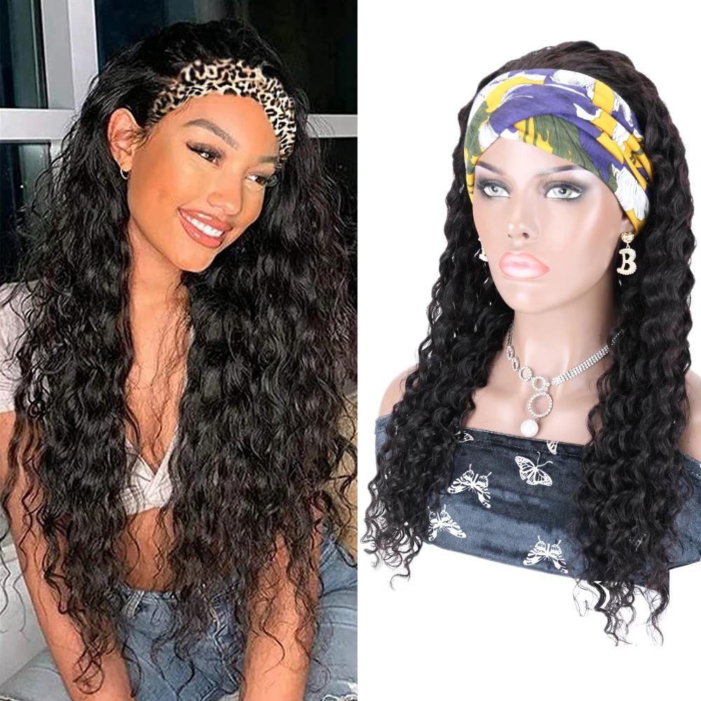 Deep Wave Headband Wigs Water Wave Headband Human Hair Wig Long Brazilian Curly Headband Wigs Glueless Remy Hair with Headband