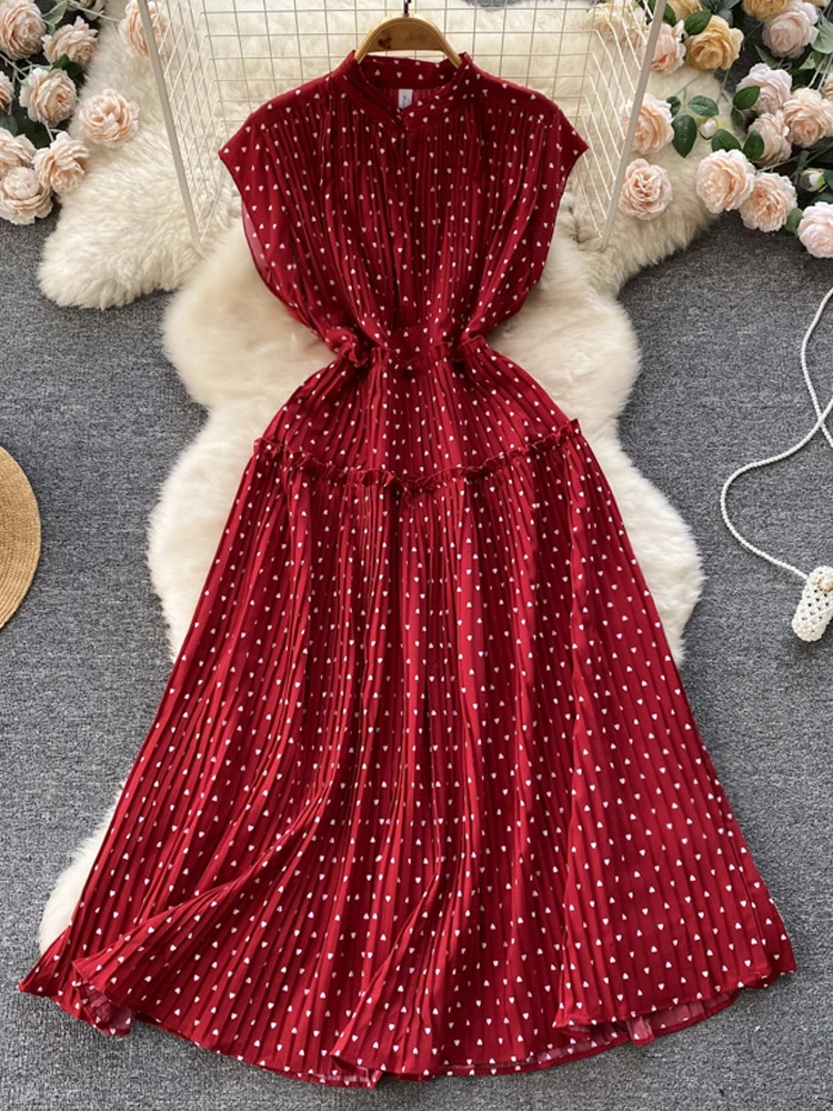 

Летнее женское платье YuooMuoo, Элегантное Длинное плиссированное платье в горошек без рукавов с высокой талией, повседневные женские платья