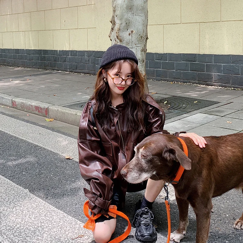 Women's Hip-hop Style PU Imitation Leather Coat Autumn and Winter New Moto Loose Fashion Cool Zipper Short Coat Basic Coat Brown