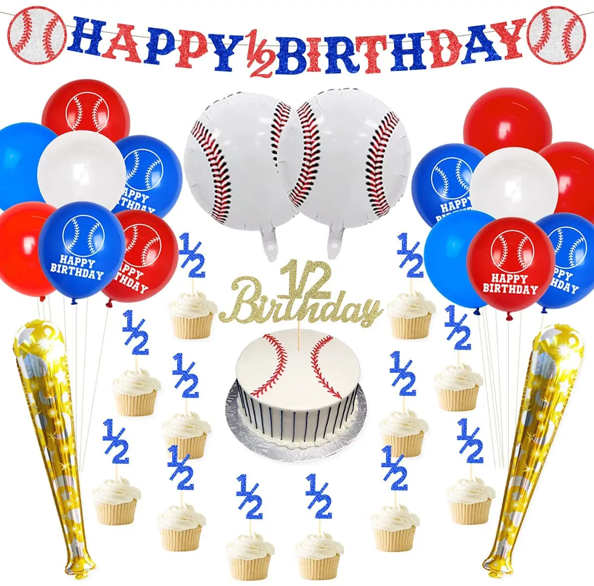 

Baseball Half Birthday Decorations for Boy Happy 1/2 Birthday Banner Cake Toppers Baseball Balloons for 6 Months Birthday Party