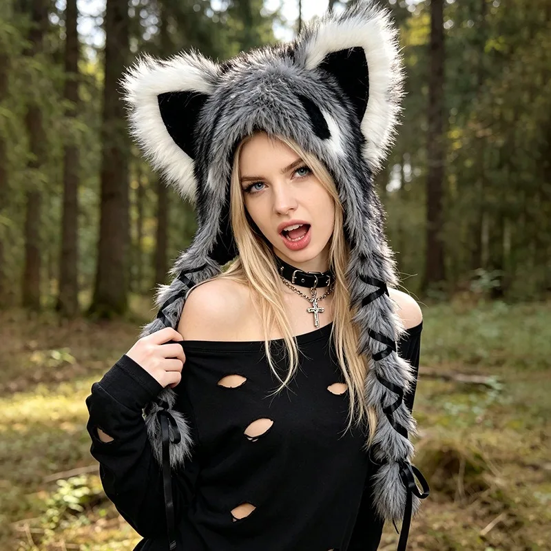 Фото Шапка из искусственного меха енота для Хэллоуина, косплея, панк-рок, плюшевая теплая шапка, костюм в стиле Y2k, аксессуары для карнавала и вечеринок. №4