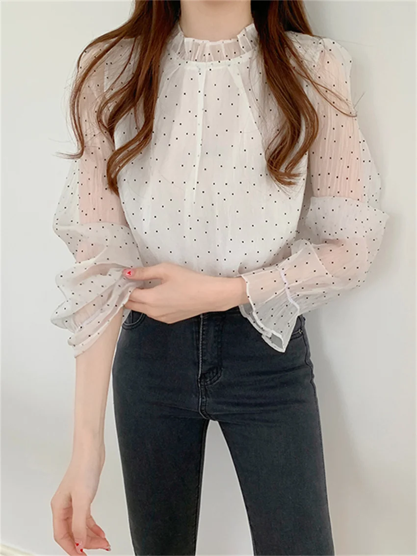 

HziriP Sexy Chiffon Stand Women Blouses Polka Dots Sweet Girls Elegant 2022 Spring Full Sleeves Chic Lady Streetwear OL Hot