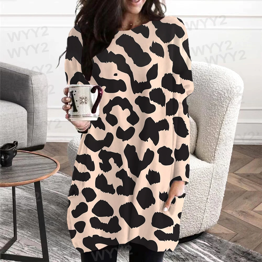 Spring And Autumn New Women's Abstract Leopard Print Loose Print Oversized Tops One Piece Long Sleeve Casual Pocket T-shirt