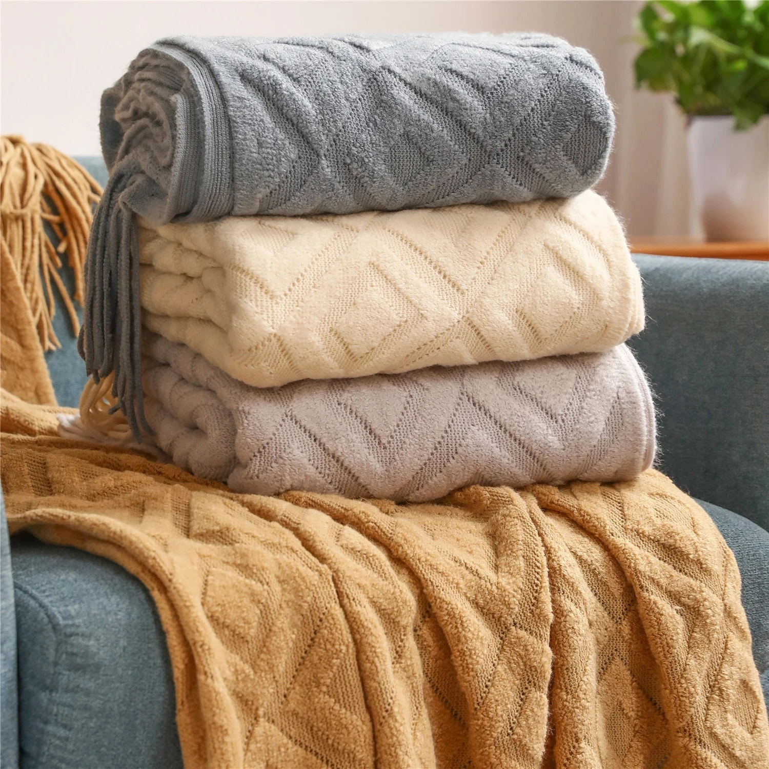 

Soft Plush Diamond-Shaped Cashmere Sofa Blanket Solid Winter Thickened Knitting Tassels Blanket Office Nap Jacquard DIY Towel
