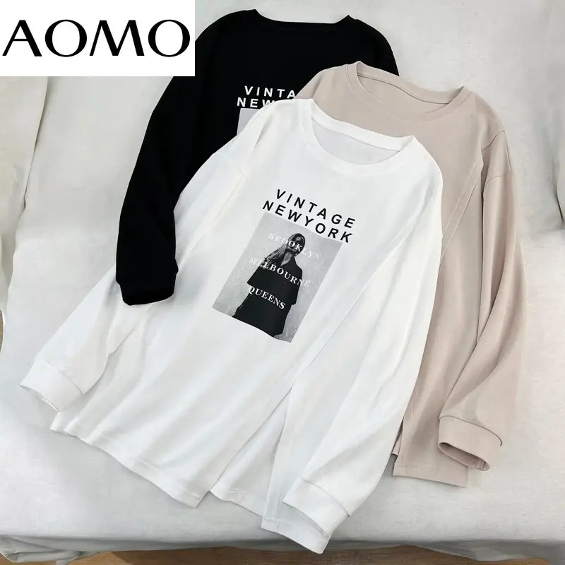 

AOMO Spring Women Print Oversized Long T Shirt Long Sleeve O Neck Tees Ladies Top XLJ96A