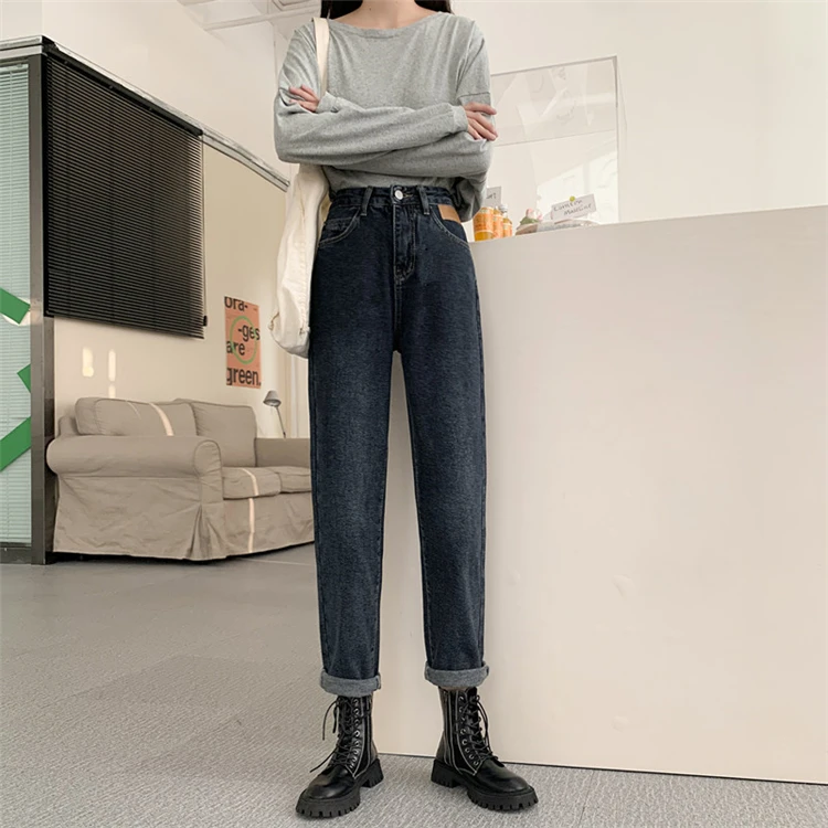 N2108   New style loose high-waisted thin western style straight-leg trousers jeans
