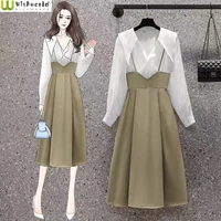 spring and autumn womens suit 2022 new french retro fashion age reducing baby shirt strap skirt two piece skirt suit