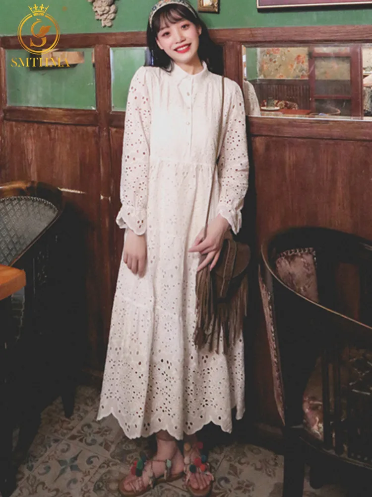 

SMTHMA Новое модное весеннее дизайнерское подиумное платье для женщин с отворотом и длинным рукавом Кружевное Открытое платье с вышивкой для ...