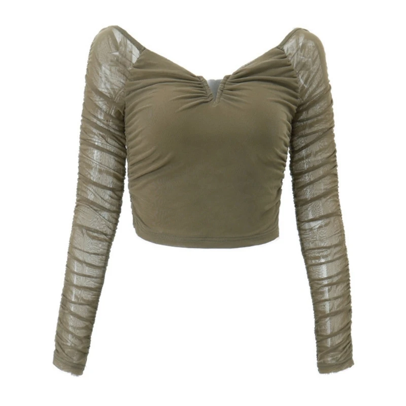 

Fashionable 2023 Summer Sexy Girl Pleated Mesh Perspective Long Sleeve T-shirt Top