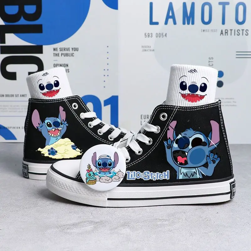 Disney New Real Photos Star Baby Stitch Hand-painted High-top Canvas Student Casual Large Children's Shoes Non-slip Sports Shoes
