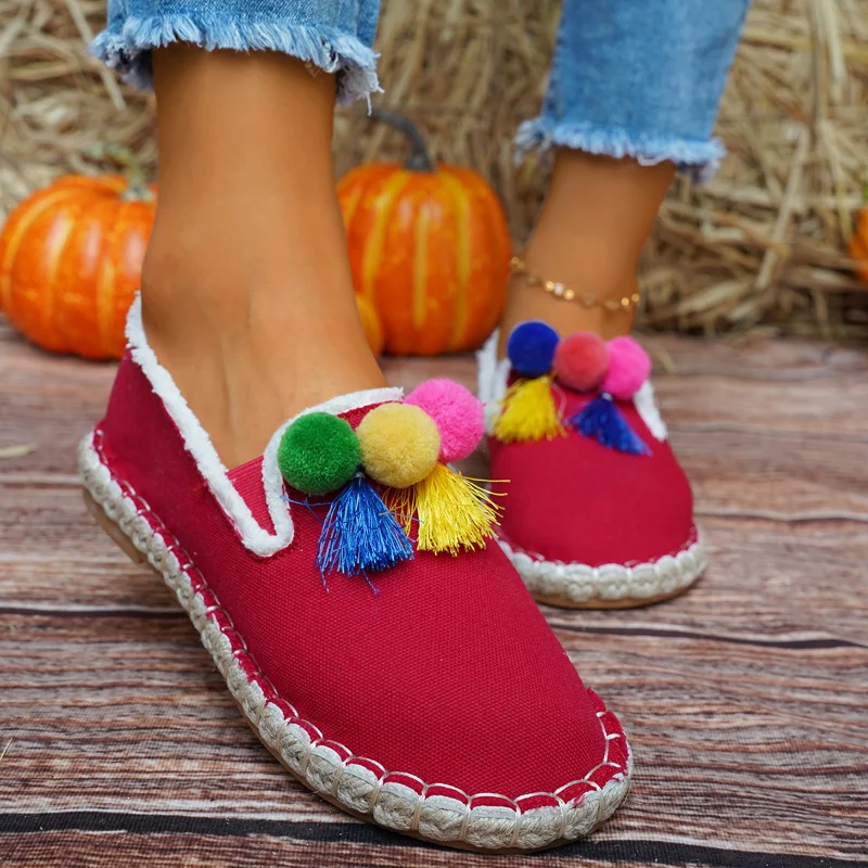 

Fashion Designer Shoes Women's Flats Solid Color Canvas Hand-Stitched Loafers Fisherman's Shoes Straw Moccasins Espadrilles