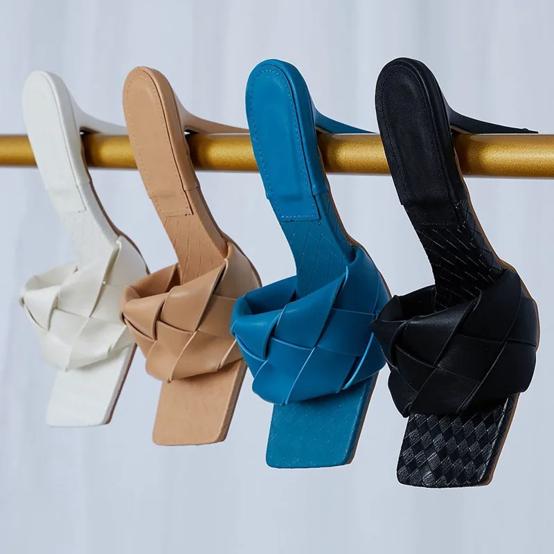 Женские туфли JY с квадратным открытым носком плетеные кожаные мюли стеганые на