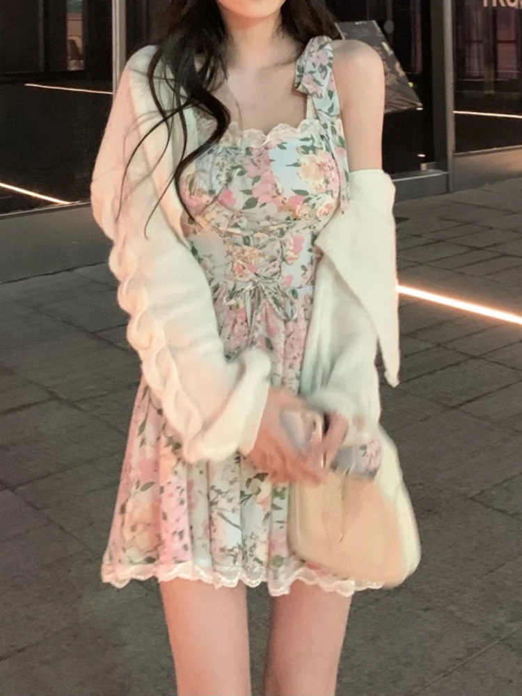 

Элегантное мини-платье без рукавов Y2k, женское милое цельнокроеное платье с цветочным принтом, корейское винтажное короткое вечернее плать...