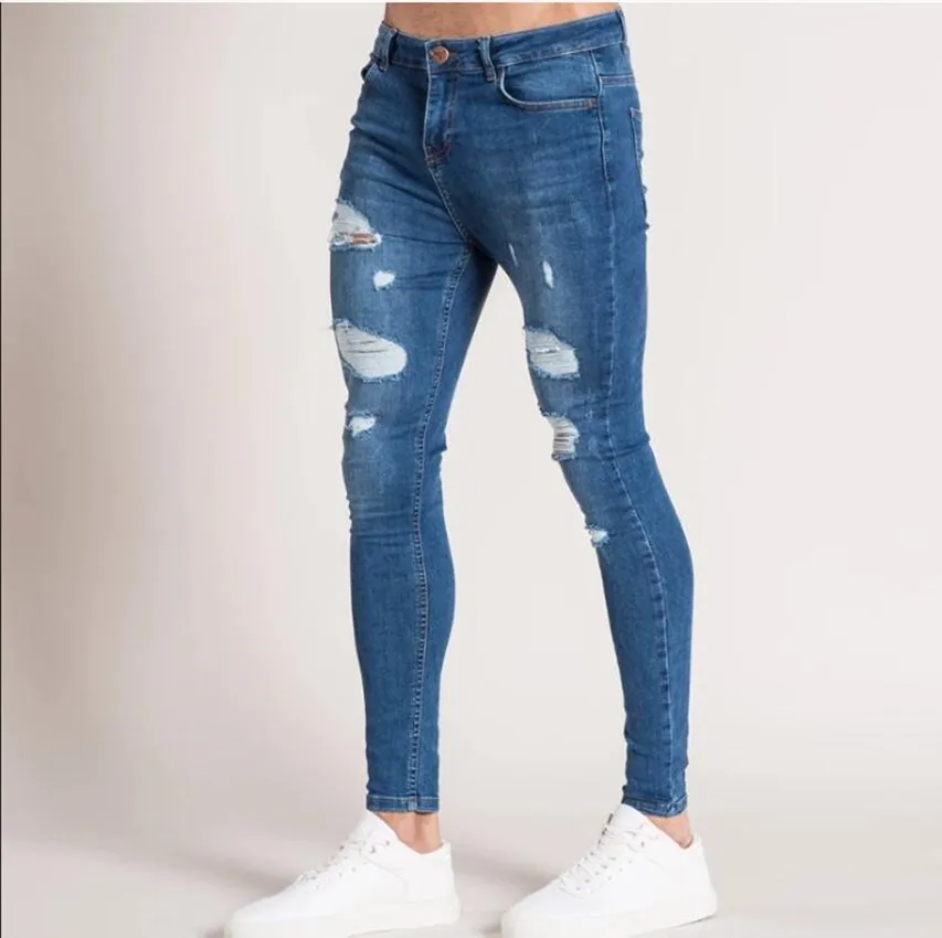Fashion Men's Stretch skinny Jeans Blue Ripped  Solid Color Slim Pencil Pants Casual Hole Design Denim Streetwear