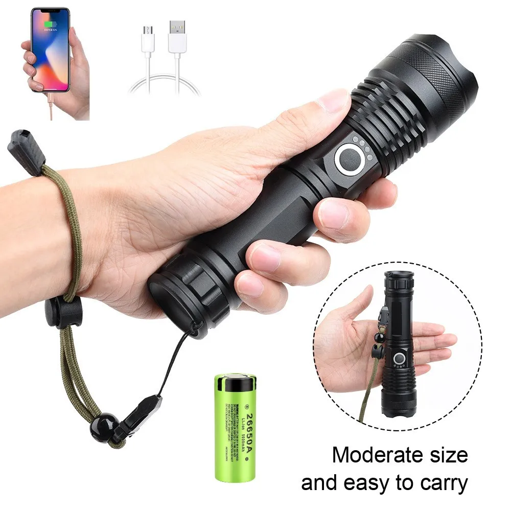 Powerful 5000 mAh Rechargeable Portable Flashlight Aluminium Torch Zoom 5 Modes LED Light With USB Charging Outdoor Camping Lamp