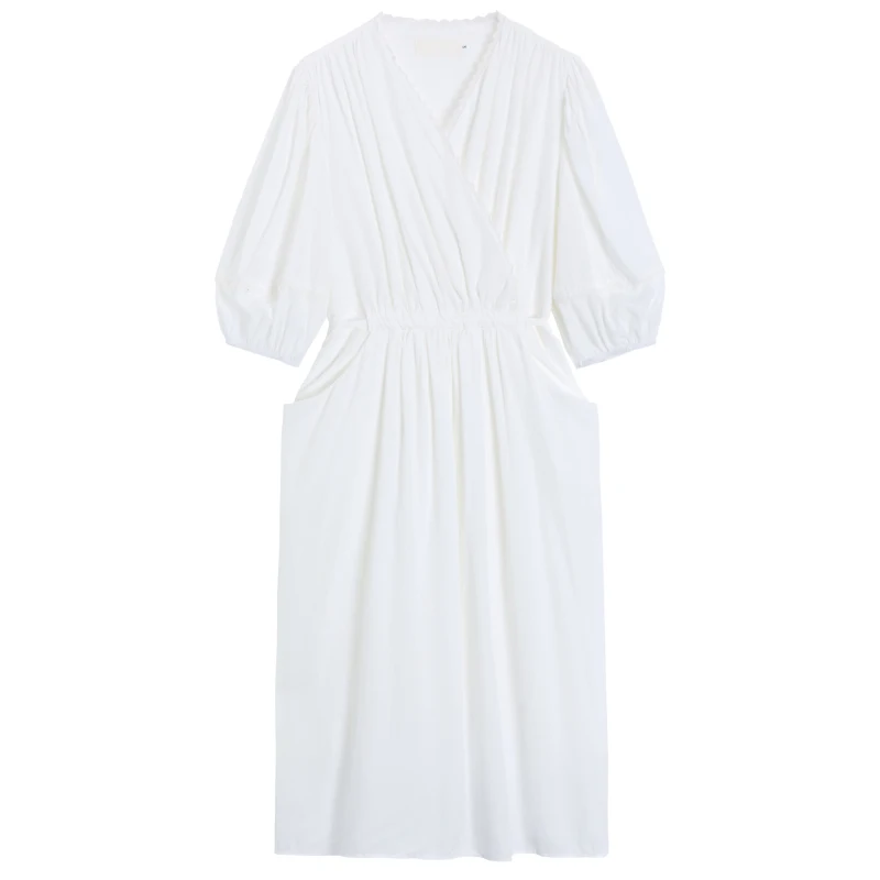 

SuperAen 2022 Summer V-neck Drawstring Waist Puff Sleeve Solid A-LINE Casual Mid-Calf Dresses for Women