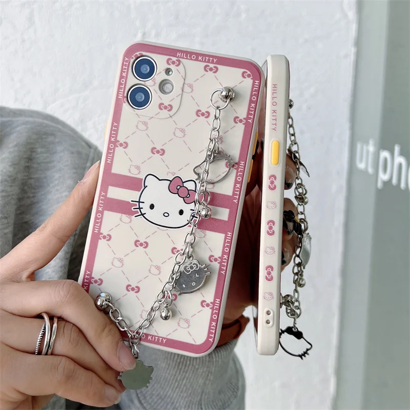 

Cartoon Hello Kitty Bracelet Phone Case for iPhone 13pro Max 12 8P X XS Max 11 12pro Anti-Fall Soft Case Couple Cell Phone Case