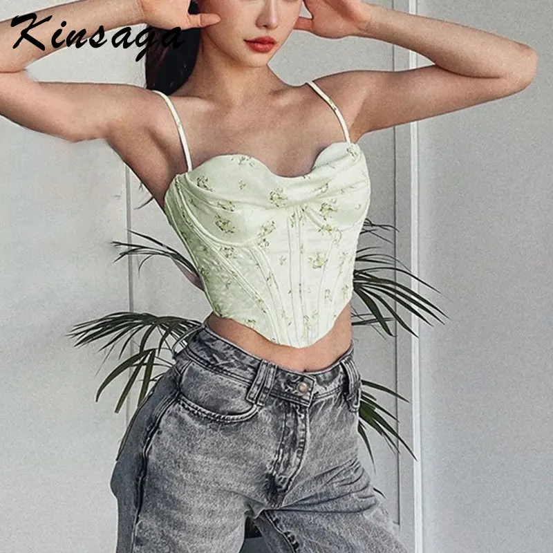 

Green Floral Print Ruched Corset Bustier To Wear Out Women's Vintage Y2k Sleeveless Sexy Bandage Fishbone Camis Cropped Tops