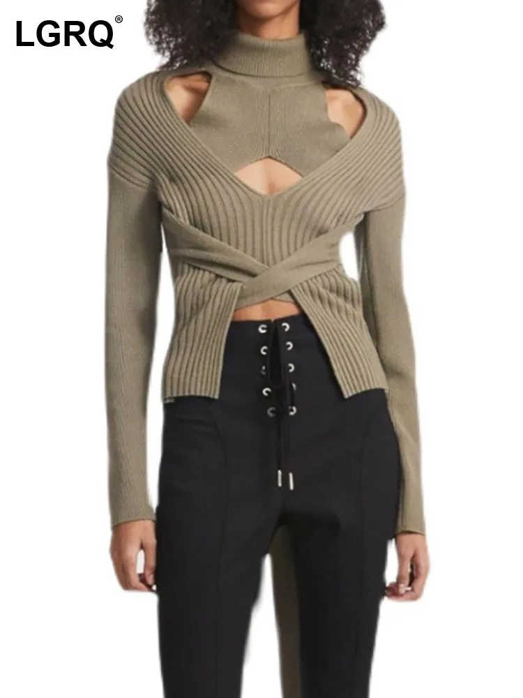 

LGRQ 2023 New Spring New Fashion Tide Women Clothes Turtleneck Full Sleeves Hollow Out Sexy Slim High Waist Knitting Top WT266