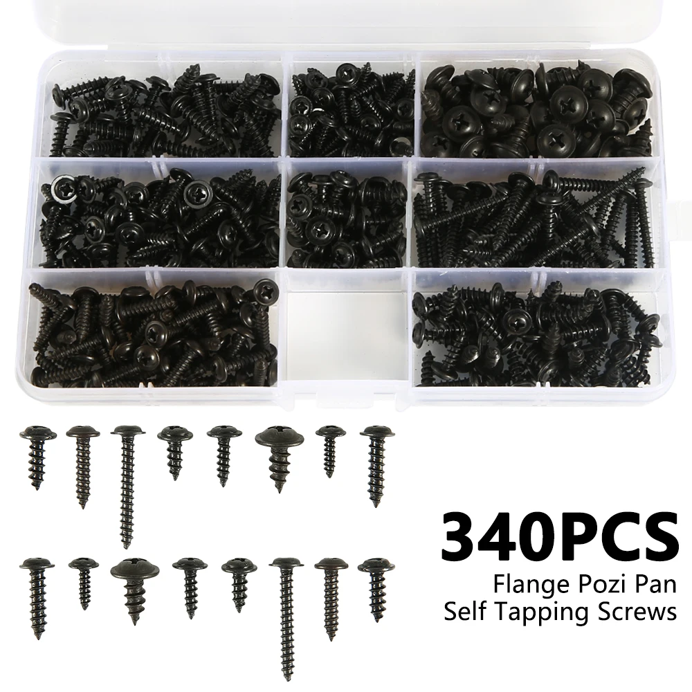 

340/500Pcs Pan Head Tapping Screw Cross Head M3/M4/M3.5/M4.8 Self Tapping Screw Set Assortment Kit Black Furniture Carbon Steel