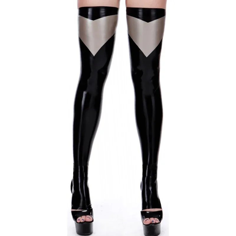 Черные с серыми сексуальные длинные резиновые латексные чулки до бедра отделкой