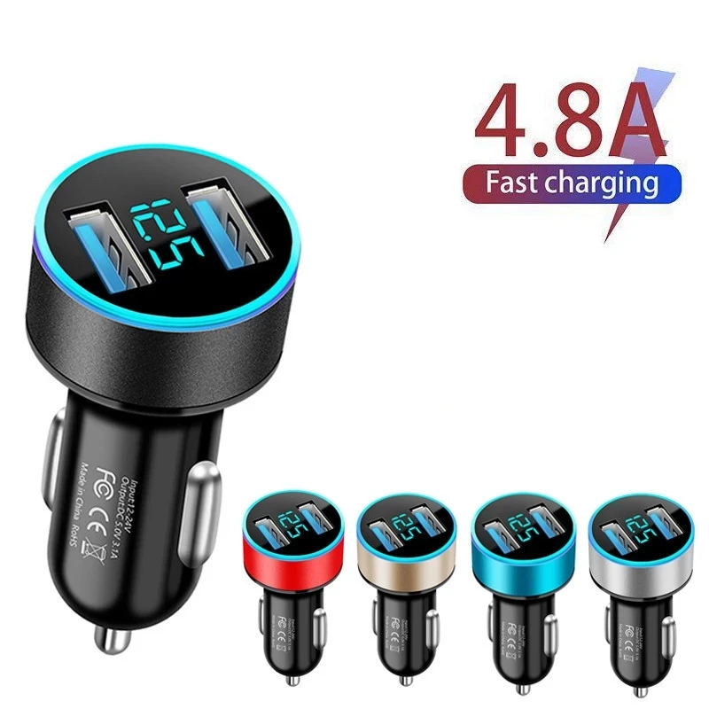 

5V 4.8A Car Chargers 2 Ports Fast Charging for Samsung Huawei IPhone 12 11 Pro 8 Plus LED Display Dual USB Car-Charger Adapter