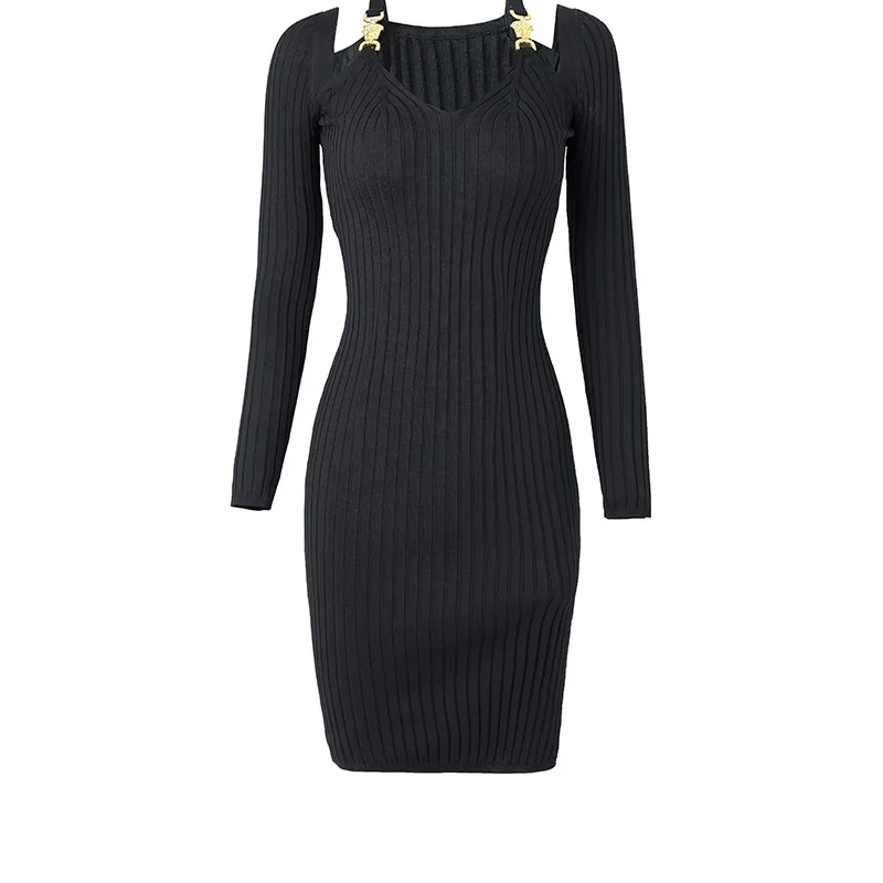 

New Knee-Length Fall Elegant Women Classic Design Sheath Style Black Skinny Strongly Stretchy Knitting Casual Dress