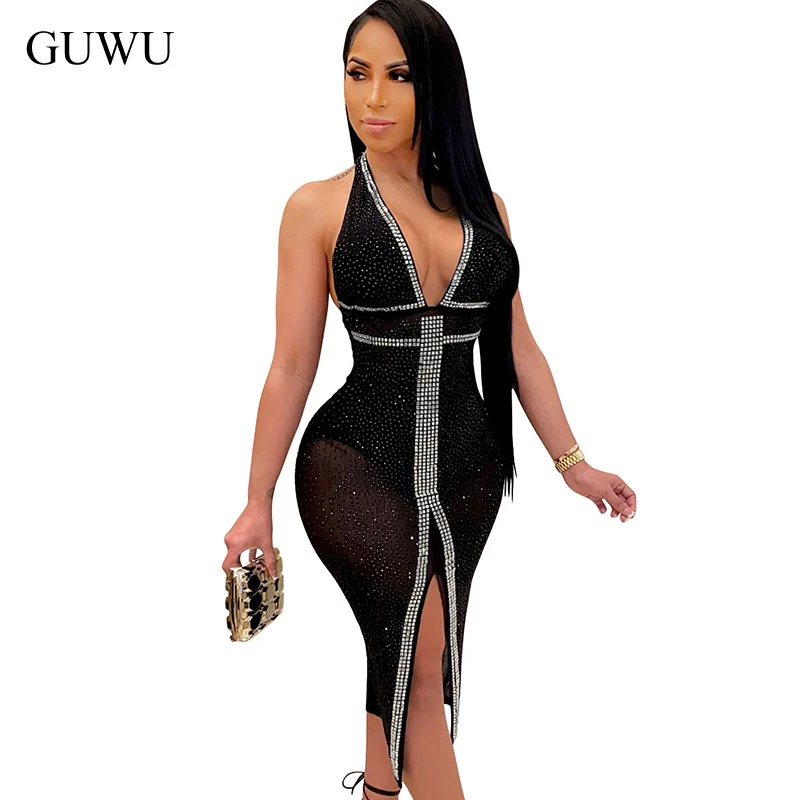 

Женское облегающее вечернее платье с лямкой на шее, с разрезом из прозрачной сетки со стразами, женское летнее платье для ночного клуба, 2022