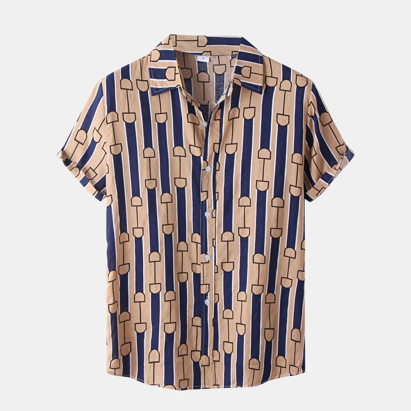 

Stripe Short Collar Casual Sleeve Print Shirt Hawaiian Men's Button Turn-Down Men Shirts One Sleeve Romper